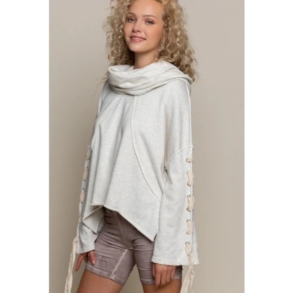POL Oatmeal Cowl Neck Relaxed Fit Sweatshirt Lace Up Sleeves Small